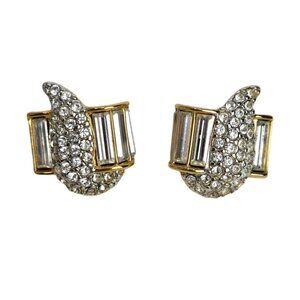 MONET 80s 90s Gold Tone Crystal Cocktail Earrings Emerald‎ Cut Rhinestones Vtg